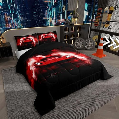Erosebridal Red Race Car Bedding Set for Toddler Kids,Racing Car Queen Size Comforter Set for Boys,Cool Speed Sports Cars Bed Sets,Racing Games Cars Room Decor,Soft Breathable,Black Red