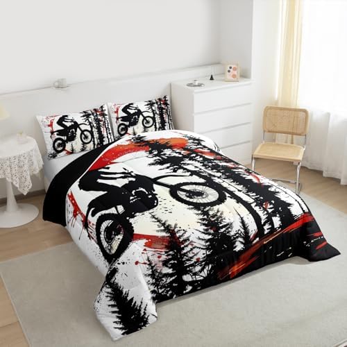 Feelyou Motocross Comforter Set All Season Red Splatter Elements Bedding Set with 1 Pillow Cases Dirt Bike Microfiber Kids Toddler Bedclothes Motorbike Bedroom Decor Dynamic Racing Scene Duvet Quilt