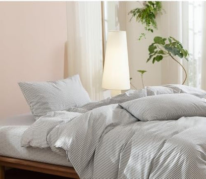 JIYUAN Oversized Queen Washed Cotton Duvet Cover Set Linen-Like Pinstripe