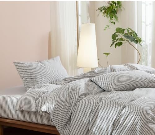 JIYUAN California King Washed Cotton Duvet Cover Set, Linen-Like Pinstripe