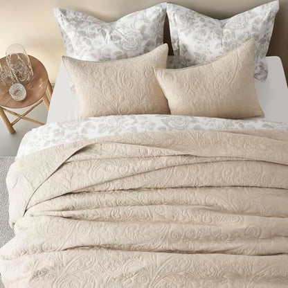 EVERGRACEHOME 100% Cotton Paisley Quilt Set, King Size, Flax Beige