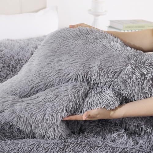 Smoofy Fluffy King Size Comforter Set, Grey Faux Fur Comforter Set 3 Pieces