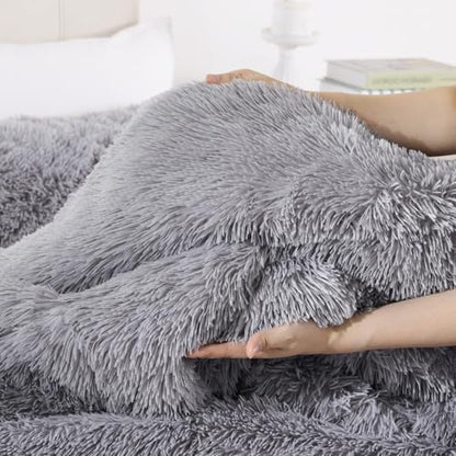 Smoofy Fluffy King Size Comforter Set, Grey Faux Fur Comforter Set 3 Pieces