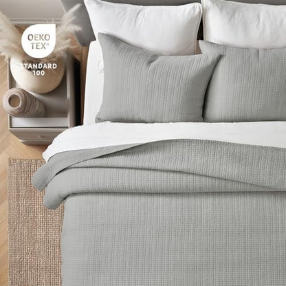 EverGrace 100% Cotton Modern Grid Stitch Quilt Set, King Size, Drizzle Gray