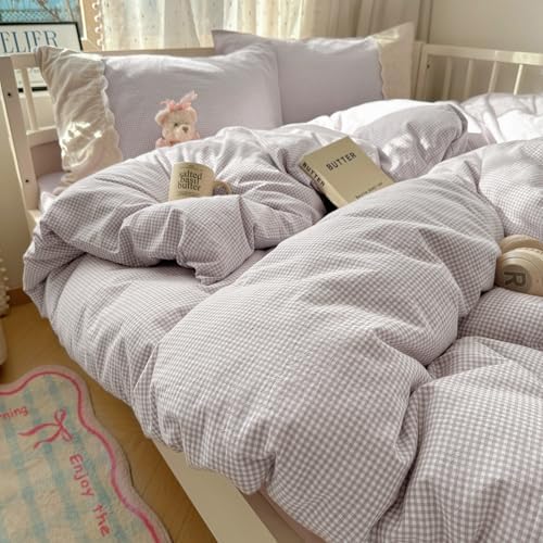 LifeTB Purple Gingham Comforter Set King 3 Pieces Purple Grid Bedding Comforter with Romantic White Lace Fluffy Soft Microfiber Farmhouse Gingham Bedding Set Vintage Plaid Checkered Comforter Set