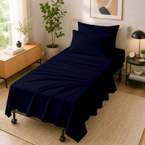 Cottingon 4 PC Cot Sheet Set 30"X75", Egyptian Cotton, Navy Blue