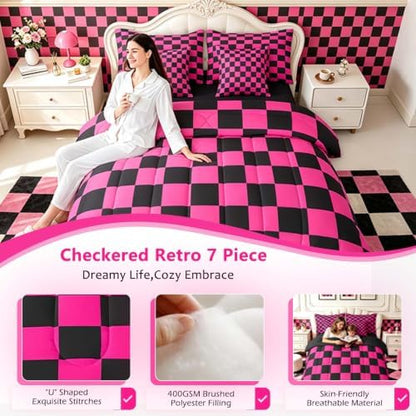 Feelyou Checkered 7 Piece Bedding Set Teen Dark Red Black Plaid Comforter Set with Sheets Queen Size Kids Boys Cute Retro Neutral Checkerboard Geometric Bed in a Bag Vintage Aesthetic Room Decor