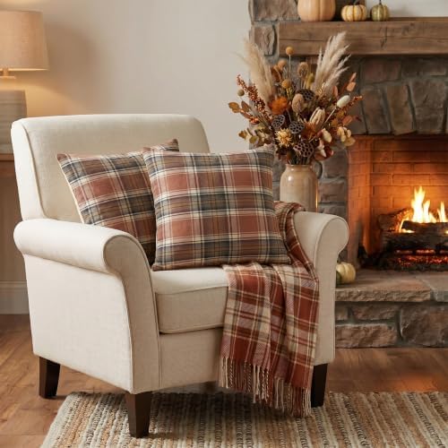 AVOIN colorlife Fall Caramel Brown Plaid Decorative Throw Pillow Covers, 20 x 20 Inch Holiday Scottish Tartan Cushion Case Farmhouse Decoration for Sofa Couch Set of 2