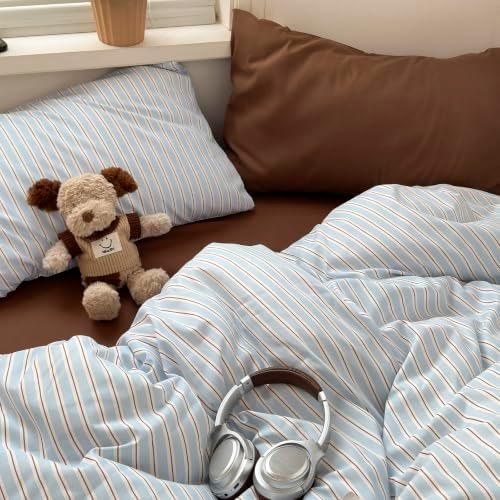 mixinni Vintage Striped Queen Duvet Cover Set, Washed Microfiber Coastal Bedding, Light Blue Brown Vertical Stripe Comforter Cover with Zipper & Corner Ties, (1 Duvet Cover + 2 Pillowcases)