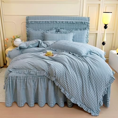 mixinni Vintage Blue Gingham Ruffle Comforter Set 3-Piece Washed Cotton Queen Size Grid Bedding Set with Geometric Checkered Pattern, Farmhouse Chic Soft Fluffy Comforter for All-Season