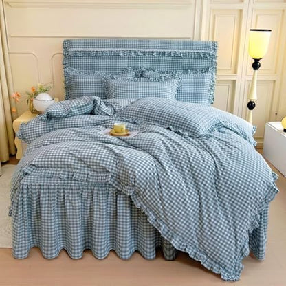 mixinni Vintage Blue Gingham Ruffle Comforter Set 3-Piece Washed Cotton Queen Size Grid Bedding Set with Geometric Checkered Pattern, Farmhouse Chic Soft Fluffy Comforter for All-Season