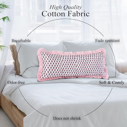 CPC Block Print Pink Sapphire Ruffle Cotton Lumbar Pillow Cover 14x36 inch
