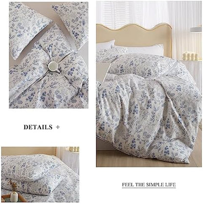 VM VOUGEMARKET 3 Pieces Blue White Duvet Cover Queen Floral Botanical Comforter Cover with Zipper Soft Cotton Cottagecore Bedding Set for Girls Women-90x90 Inch