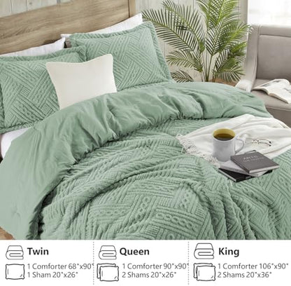 Homelike Moment Fluffy King Size Comforter Set - Sage Green Warm Comforter for Winter King Bed Set 3 Piece
