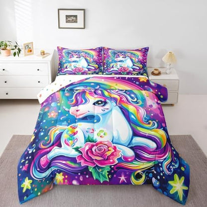 Watercolor Unicorn Kids Comforter Sets Cartoon Rainbow Unicorn Bedding Set,Soft Breathable Reversible Cartoon Cute All Season Comforter Set with 2 Pillowcases for Girls Girly Bedroom Decor Full Size