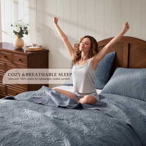 WDCOZY 100% Cotton Queen Size Quilt Bedding Sets Floral Rosette Dusty Blue