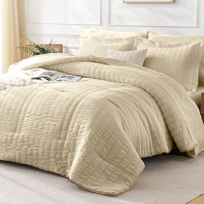 FreshCulture Comforter Set Seersucker 5 Pieces, All Season Bedding Set Twin XL, Bed in a Bag Comforter Set with Comforter, Flat Sheet, Fitted Sheet, Pillowcase and Pillow Sham, Beige