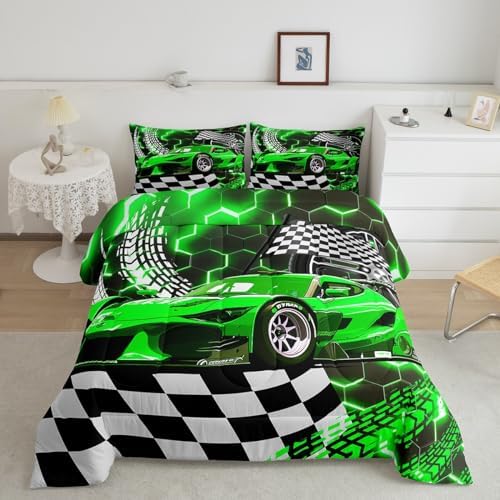 Toddler Race Car Bed for Boys,Green Neon Lights Honeycomb Bedding Set Cool Sports Car Glitter Beehive Geometric Hexagon Comforter Set Full,Black White Grid Lattice Quilt Buffalo Plaid Decor