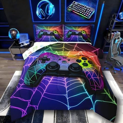 Erosebridal Gaming Comforter Set Rainbow Spider Web Kids Comforter Sets,Game Consoles Bedding Gothic Cobweb Sports Bedding Sets for Boys King,Gamer Room Decor for Boys Bedroom Decor Gamer Gifts