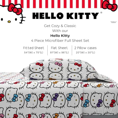 Hello Kitty Bows Bedding Super Soft Cozy Microfiber 4 Piece Full Sheet Set, (Officially Licensed Product) By Franco