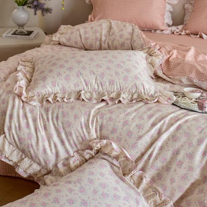 Pink Floral Duvet Cover Set Twin, Romantic Ruffle Lace Botanical Floral Bedding Set, 100% Cotton Girls Cottagecore Flower Duvet Cover, Reversible Grid Botanical Comforter Cover with 2 Pillowcases