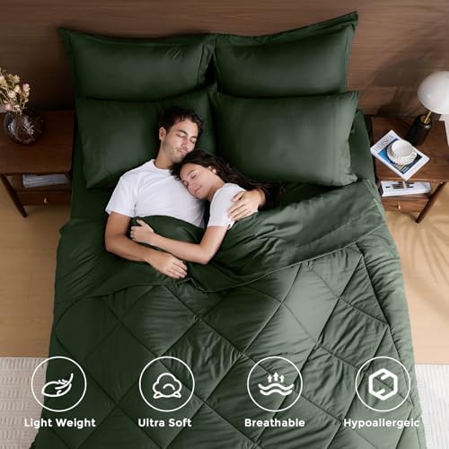 HEVUMYI 7-Piece Full Comforter Set, Dark Green Bed in a Bag