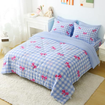 Wajade Bow Comforter Set 7 Piece Blue White Plaid Comforter Sets for Girls Kids Full Size Checkered Bedding Set with Sheet and 2 Pillowcases 2 Pillow Shams Cute Girls Bed in a Bag as Birthday Choice