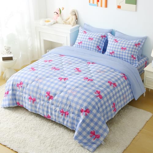 Wajade Bow Comforter Set 7 Piece Blue Gingham Plaid Comforter Sets for Girls Kids Twin Size Checkered Bedding Set with Sheet and 2 Pillowcases 2 Pillow Shams Cute Girls Bed in a Bag as Birthday Choice