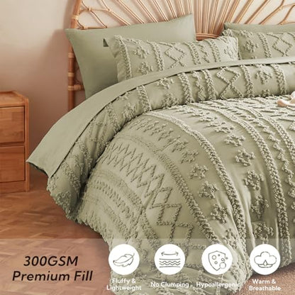 MR&HM Queen Comforter Set 7 Pieces, Tufted Boho Beddding Set Sage Green