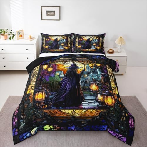 Fairy Witch Kids Comforter Set Queen Size,Halloween Lamp Gothic Magical Castle Bedding Set,Girls Boys Room Decor,Geometric Patchwork Glass Painting Quilt Comforter,Retro Duvet Insert,2 Pillowcases
