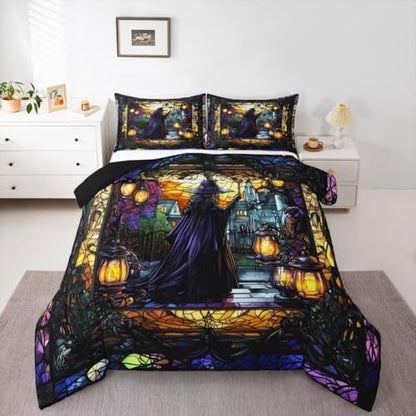 Fairy Witch Kids Comforter Set Full Size,Halloween Lamp Gothic Magical Castle Bedding Set,Girls Boys Room Decor,Geometric Patchwork Glass Painting Quilt Comforter,Retro Duvet Insert,2 Pillowcases