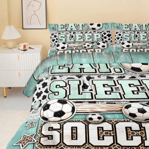 BSNTHO Soccer Queen Size, Comforter Set Leopard Print Kids Comforter 3Pcs