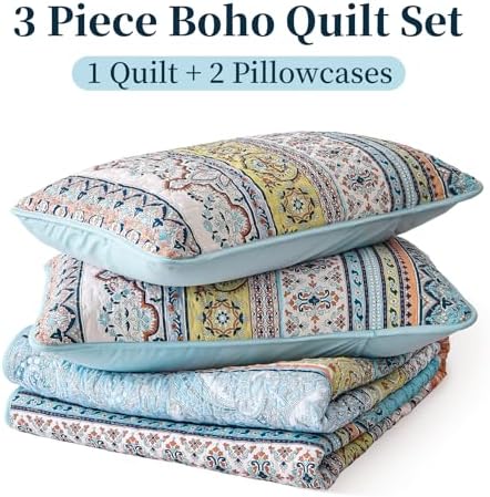 WONGS BEDDING Boho King Size Quilt, 3 Pieces Soft Bedspread, Pink Blue