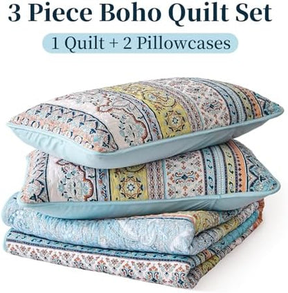 WONGS BEDDING Boho King Size Quilt, 3 Pieces Soft Bedspread, Pink Blue