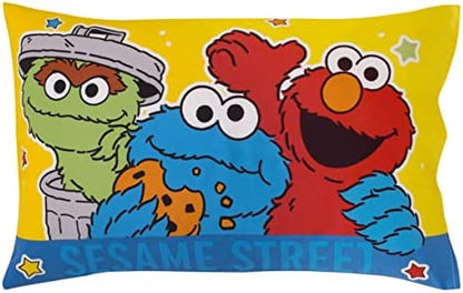 NoJo Sesame Street Come and Play Blue, Green, Red and Yellow, Elmo, Big Bird, Cookie Monster, Grover and Oscar The Grouch 2 Piece Toddler Sheet Set - Fitted Bottom Sheet and Reversible Pillowcase