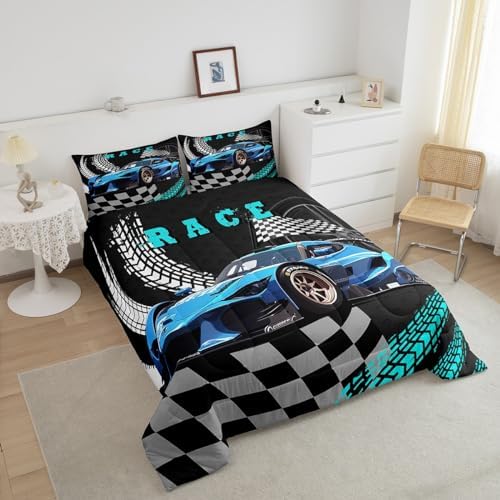 Erosebridal Toddler Race Car Bed for Boys,Black and White Buffalo Plaid Queen Comforter Set Toddler Bedding Sets for Boys,Square Plaid Lattice Quilt,Blue Extreme Sports Car Duvet Insert