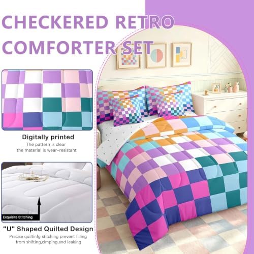 Feelyou Multicolored Checkered Retro Bedding Sets Kids Boys Girls Geometric Vintage Comforter Bed in a Bag King Size Rainbow Colorful Bed Duvet Insert Modern Groovy Aesthetic Room Decor