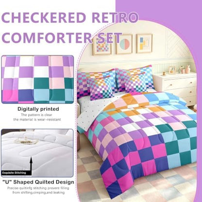 Feelyou Multicolored Checkered Retro Bedding Sets Kids Boys Girls Geometric Vintage Comforter Bed in a Bag Twin Size Rainbow Colorful Bed Duvet Insert Modern Groovy Aesthetic Room Decor