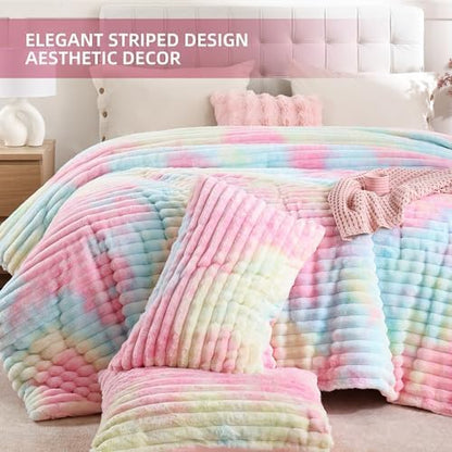 Smoofy Fluffy Full Size Comforter 3 PCS - Rainbow Fleece Bedding Set