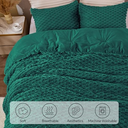 BEDELITE Fluffy OS Queen Comforter Set, Dark Green Fleece Bed Set 3 Pieces