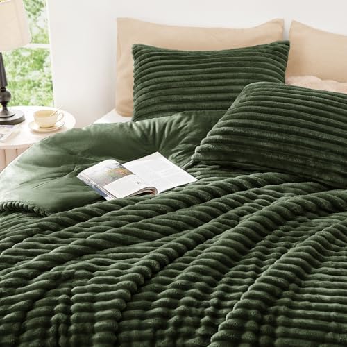 EXQ Home Fluffy Comforter Set King Size,3 Pieces Bed Set,Olive Green