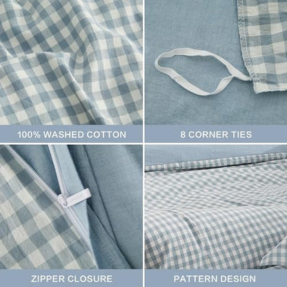 SAPHREAS Light Blue Plaid Duvet Cover Full Size 3pcs 100% Washed Cotton Soft Comforter Cover Simple Style 1 Blue Grid Duvet Cover 2 Pillow Sham, Comforter Not Included