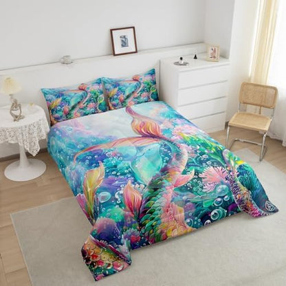 Mermaid Comforter Set Full Size 3 Piece Colorful Mermaid Tail Pattern Bedding Set for Girls Kids Home Decor,Ocean Animal Reversible All Season Quilt Underwater World Theme Duvet with 2 Pillowcases