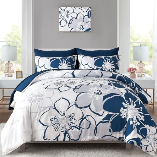 Anibedding Navy Floral Comforter Set Queen Size 7 Piece, Blue Flower Bed in a Bag, Elegant Botanical Floral Comforter Soft Microfiber Complete Bedding Set for All Season, (Navy Blue, 90"x90")