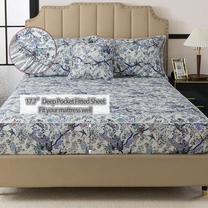 FADFAY Sheets Set Queen Botanical Bird Floral Bed Sheets Set Vintage Blue Farmhouse Bedding Shabby Branches Bedding Collections 100% Egyptian Cotton Breathable Soft 17.7" Deep Pocket 4Pcs, Queen Size