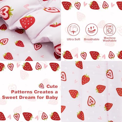lasoftan Toddler Bedding Set, 4 Piece Bed-in-a-Bag Toddler Bed Comforter Sets for Girls, Toddler Bed Set, Prink Strawberry Printed, Machine Washable