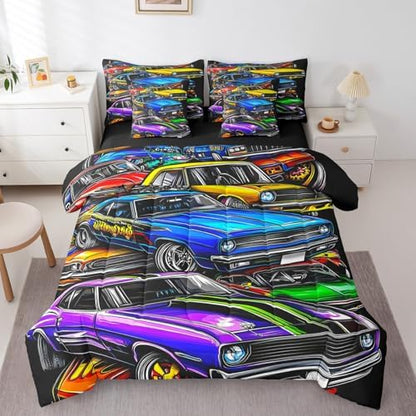 Feelyou Race Car Comforter Set with Sheets King Size Kids Speed Sports Car 7 Pieces Bedding Set for Boys Girls Teens Racing Car Bed in a Bag Breathable Hippie Graffiti Extreme Sports Bed Set
