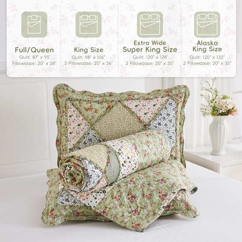 King Size Quilt Set Green Floral Patchwork Quilted Bedspreads Coverlet Set