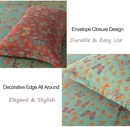 FADFAY Butterfly Sheets Set King Vintage Green Red Floral Bedding Shabby Farmhouse Bedding Super Soft Washed Double -Layer Muslin Sheets 100% Cotton Deep Pocket Fitted Sheet 4Pcs, King Size
