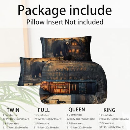 Black Bear Comforter Set Full Size for Boys Kids,Rustic Theme Woodland Cabin Lodge Bear Hunting Bedding Set,Soft Microfiber Wildlife Forest Animals Print Quilt Set